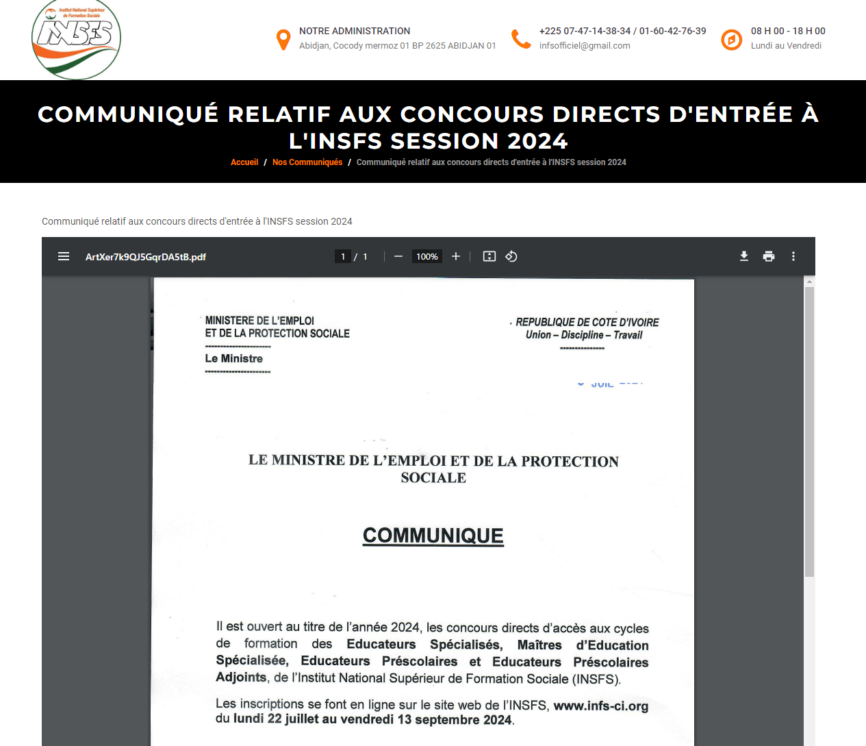 Calendrier des Concours Directs d'Entrée à l'INSFS Session 2024 au CI